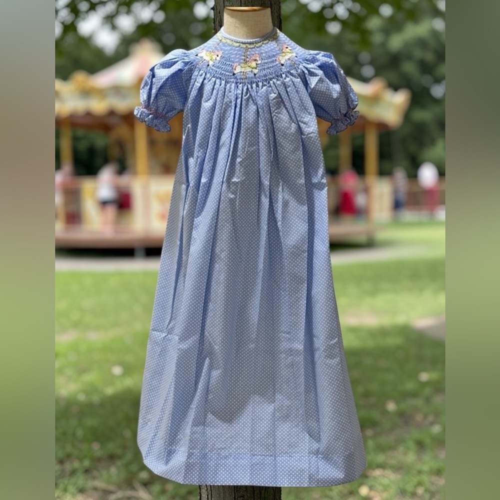 NWT Size 5 Remember Nguyen Blue Polka Dot Smocked Dress with Embroidered Horses